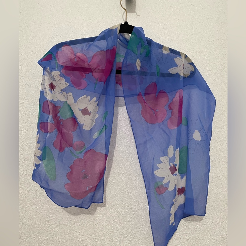 VERA NUEMANN VINTAGE FLORAL SHEER SILK SCARF JAPAN, 14”X 52”